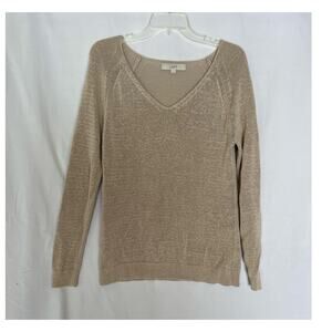 LOFT Women's V-Neck Pullover Sweater Medium Beige Long Sleeve Knit